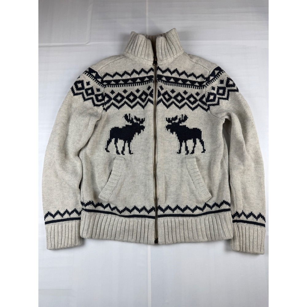 Abercrombie Kids Moose Fair Isle Full Zip Cardigan Sweater Cream Navy Size 7/8